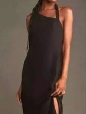 Anthropologie Black Linen Asymmetrical Halter Midi Dress X Small